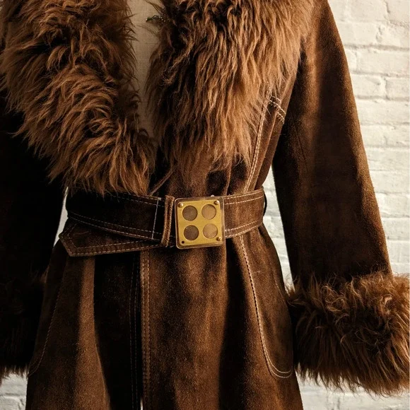 70s Vintage Brown Suede Penny Lane Afghan Coat Fur Furry Groovy Boho Chic Jacket - Picture 3 of 9